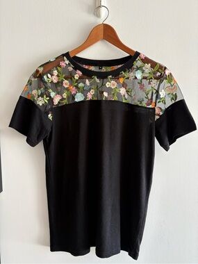Black Tee with Floral Embroidered Yoke